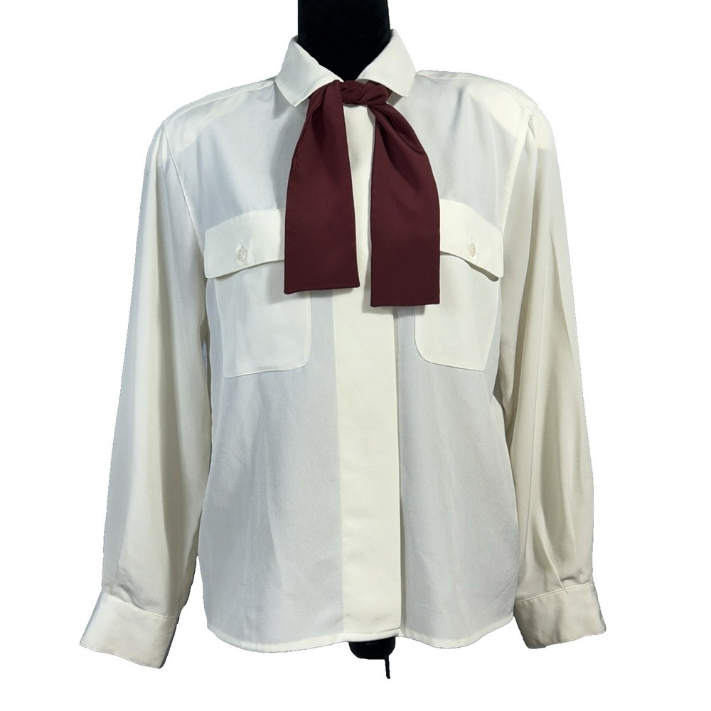 Jones NY Blouse 8 Ivory Hidden Button Burgundy Scarf Secretary Long Sl Pocket